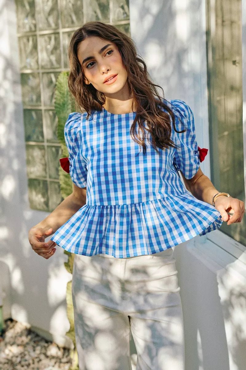 SO ME 4th Of July Gingham Ribbon Detail Short Sleeves Blouse - Desert Sunday