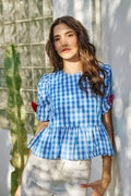 SO ME 4th Of July Gingham Ribbon Detail Short Sleeves Blouse - Desert Sunday