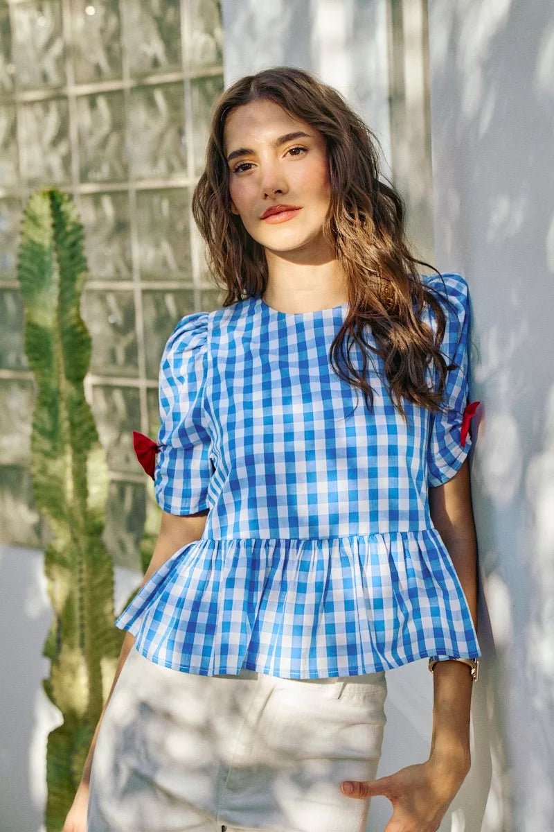 SO ME 4th Of July Gingham Ribbon Detail Short Sleeves Blouse - Desert Sunday