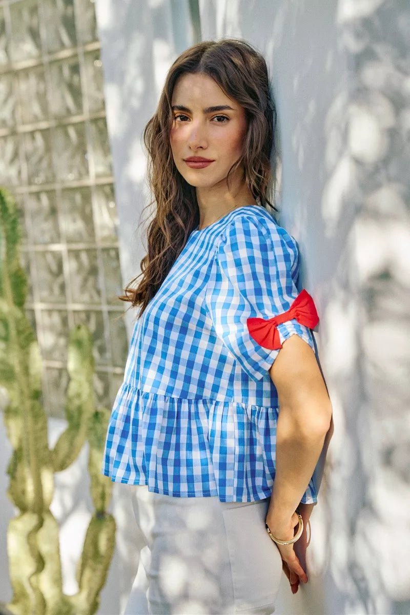 SO ME 4th Of July Gingham Ribbon Detail Short Sleeves Blouse - Desert Sunday
