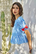 SO ME 4th Of July Gingham Ribbon Detail Short Sleeves Blouse - Desert Sunday