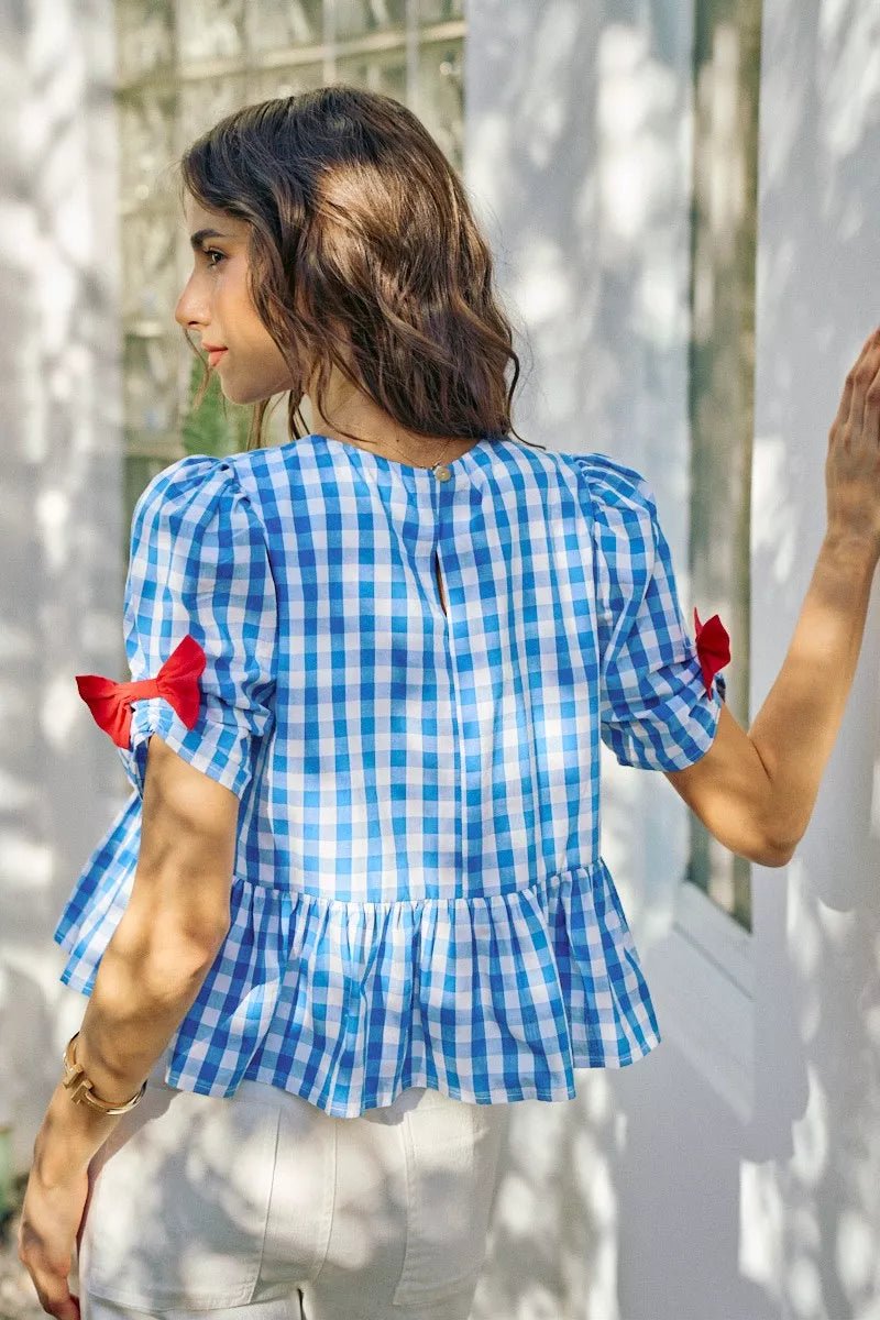 SO ME 4th Of July Gingham Ribbon Detail Short Sleeves Blouse - Desert Sunday