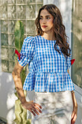 SO ME 4th Of July Gingham Ribbon Detail Short Sleeves Blouse - Desert Sunday
