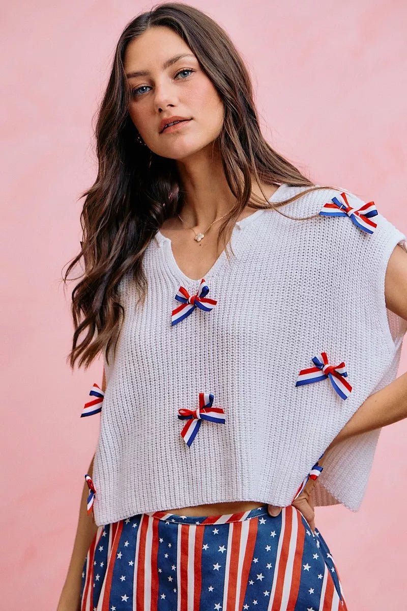SO ME 4th Of July Ribbon Trimmed Dolman Sweater Top - Desert Sunday