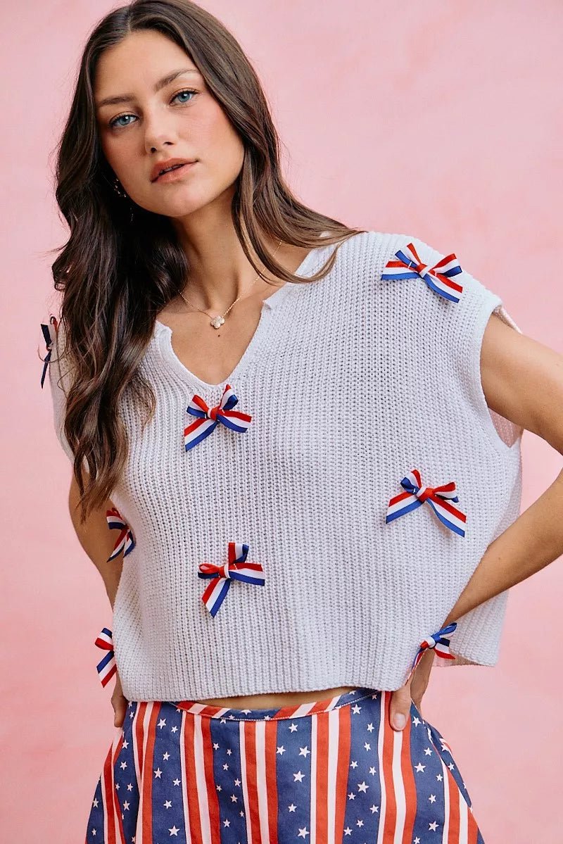 SO ME 4th Of July Ribbon Trimmed Dolman Sweater Top - Desert Sunday