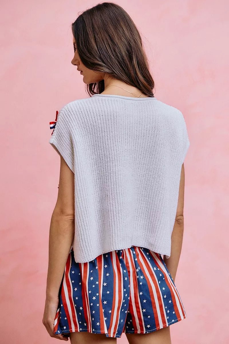 SO ME 4th Of July Ribbon Trimmed Dolman Sweater Top - Desert Sunday