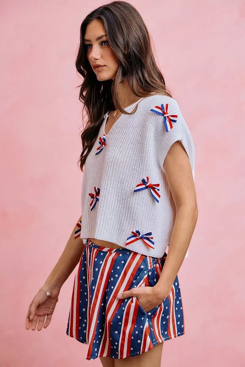 SO ME 4th Of July Ribbon Trimmed Dolman Sweater Top - Desert Sunday