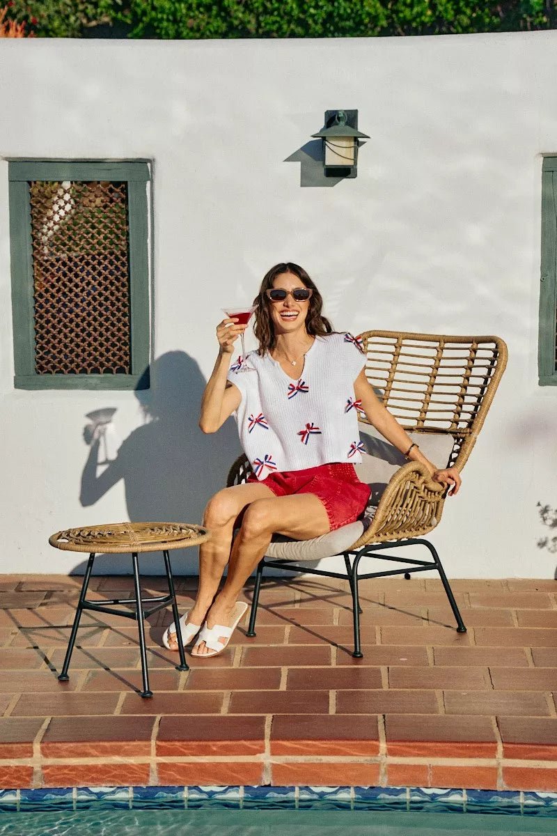 SO ME 4th Of July Ribbon Trimmed Dolman Sweater Top - Desert Sunday