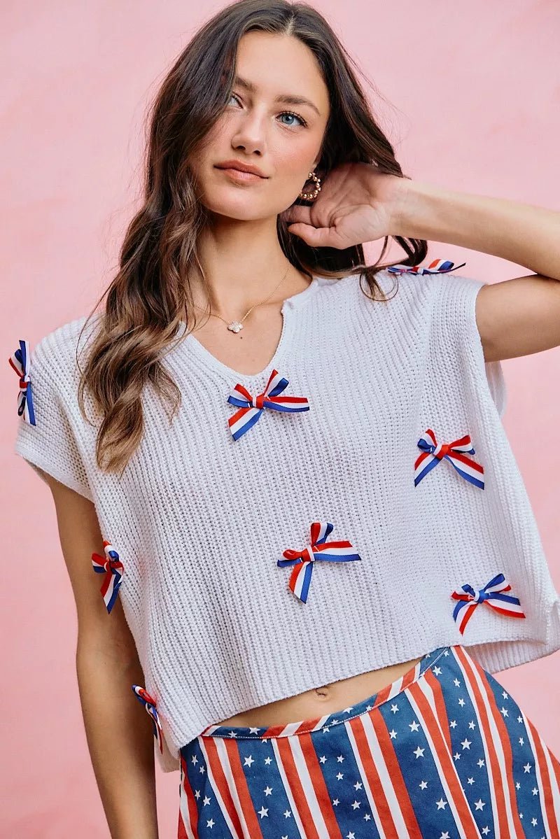 SO ME 4th Of July Ribbon Trimmed Dolman Sweater Top - Desert Sunday