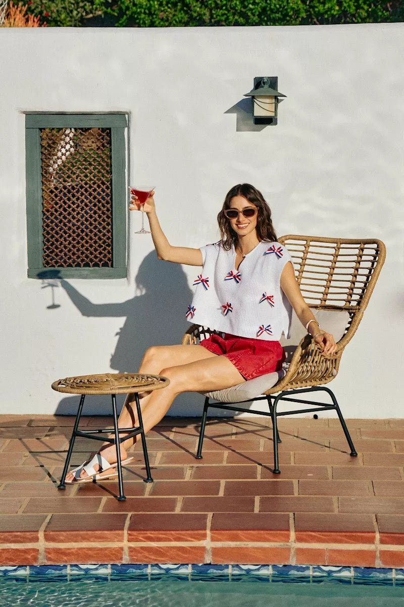 SO ME 4th Of July Ribbon Trimmed Dolman Sweater Top - Desert Sunday