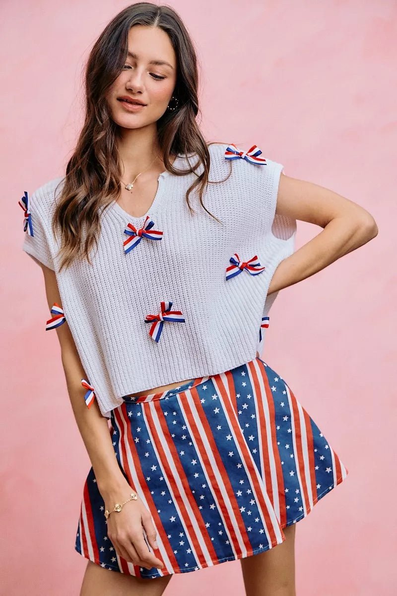 SO ME 4th Of July Ribbon Trimmed Dolman Sweater Top - Desert Sunday