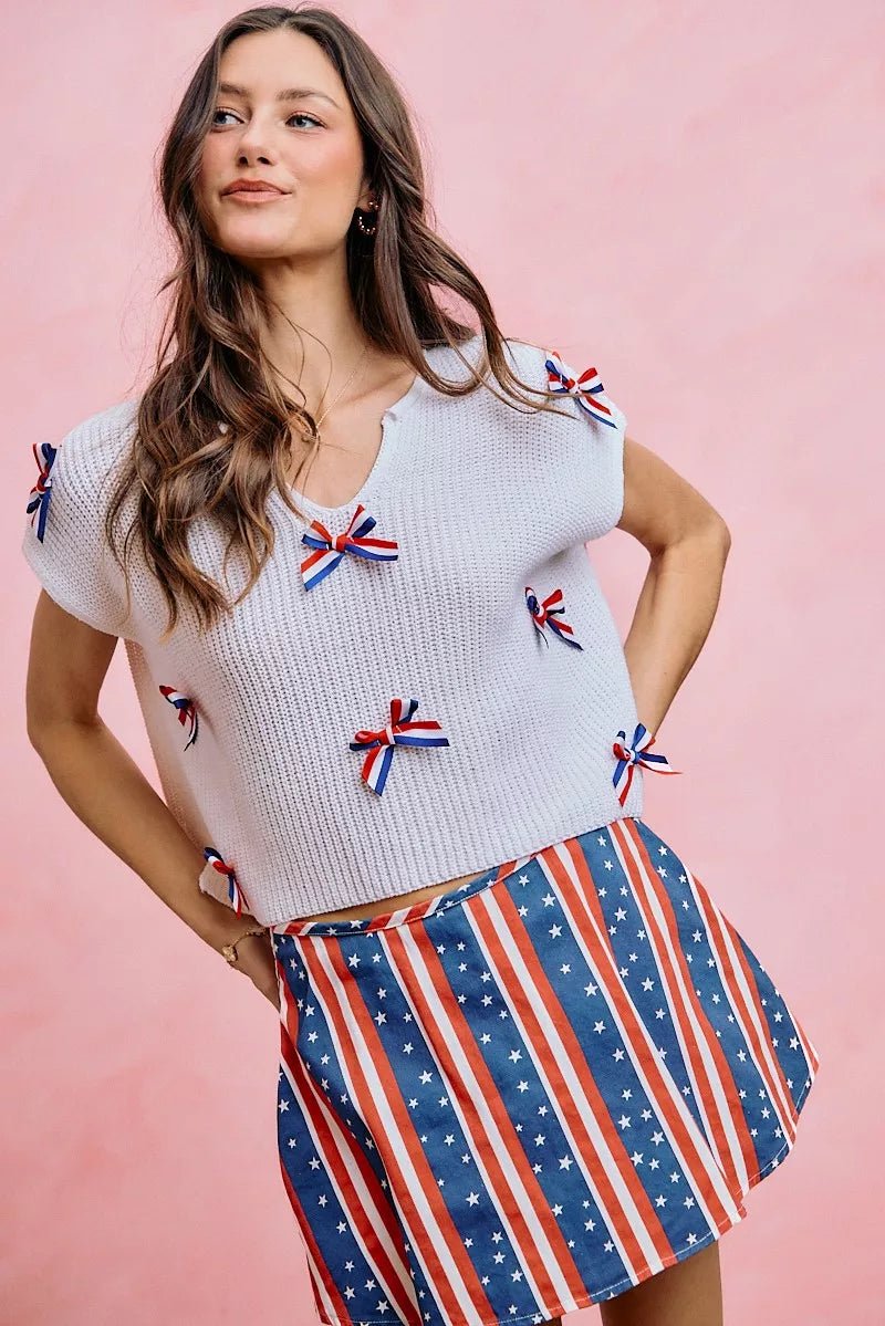 SO ME 4th Of July Ribbon Trimmed Dolman Sweater Top - Desert Sunday