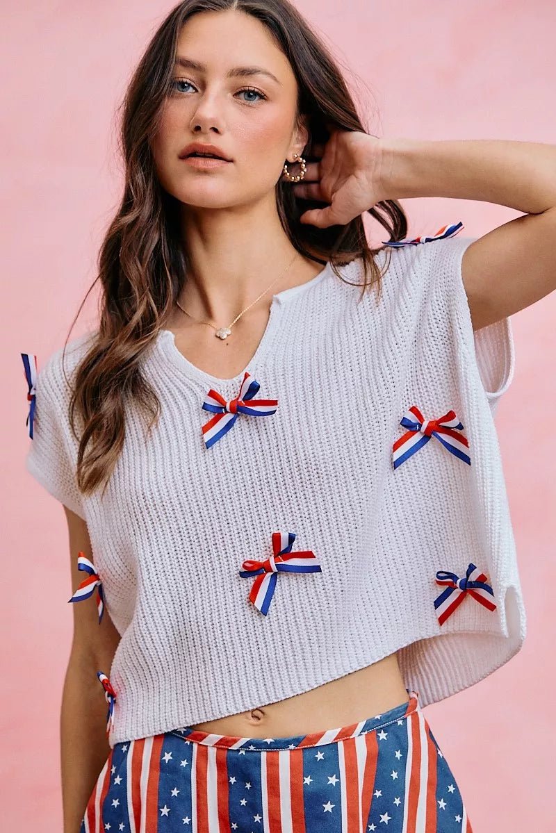 SO ME 4th Of July Ribbon Trimmed Dolman Sweater Top - Desert Sunday