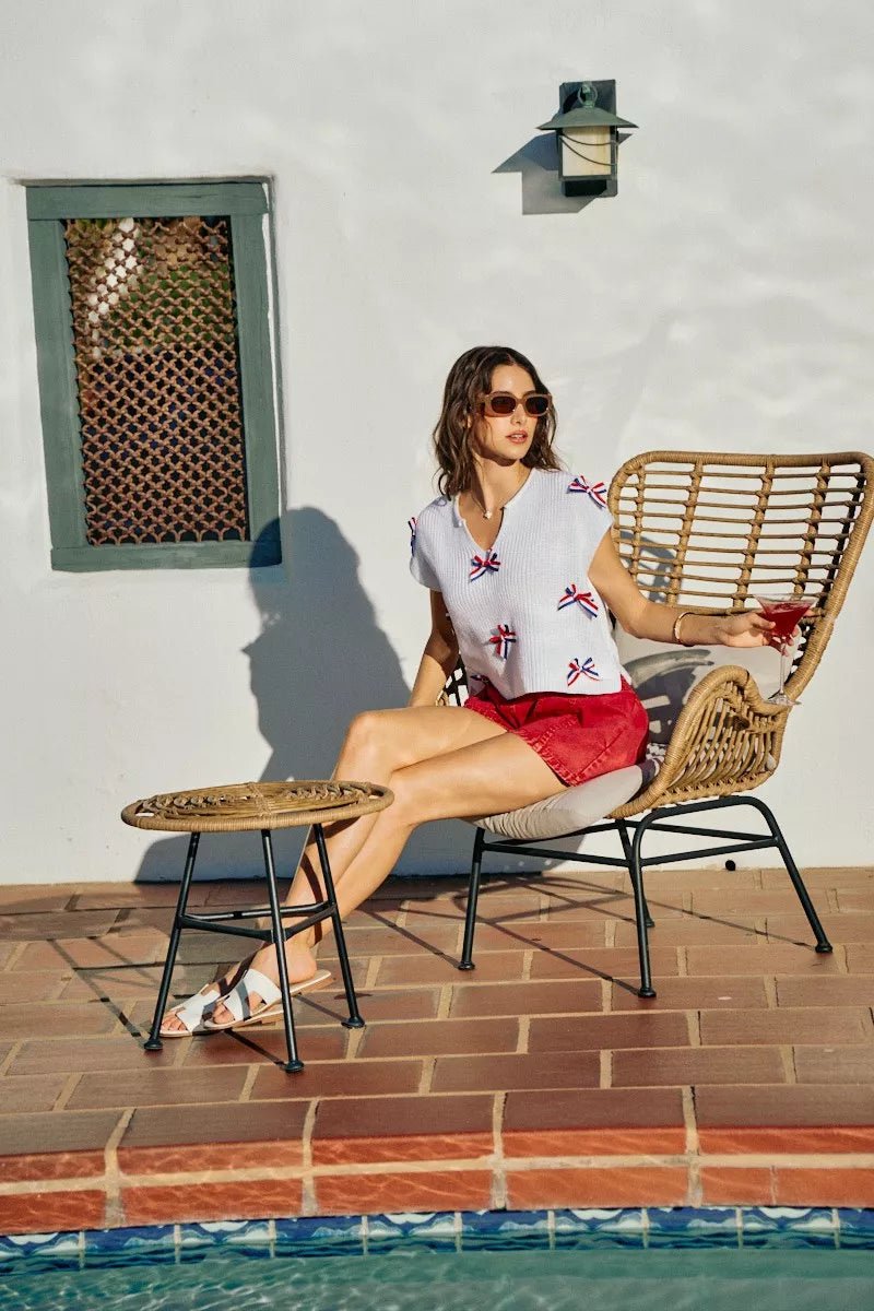 SO ME 4th Of July Ribbon Trimmed Dolman Sweater Top - Desert Sunday