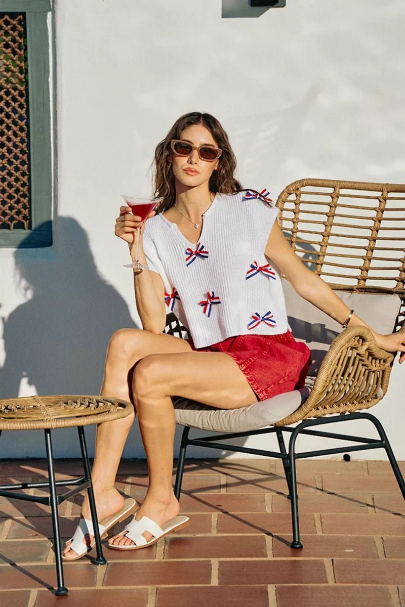 SO ME 4th Of July Ribbon Trimmed Dolman Sweater Top - Desert Sunday