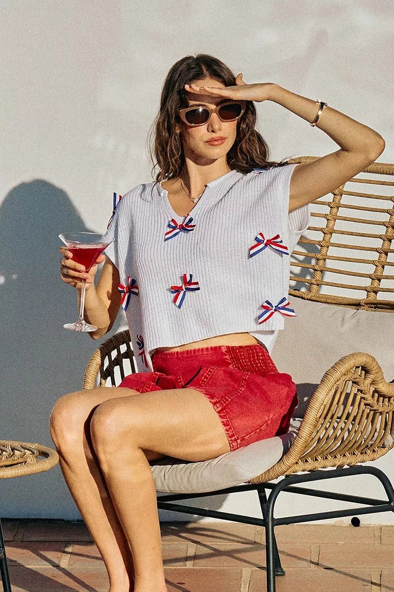 SO ME 4th Of July Ribbon Trimmed Dolman Sweater Top - Desert Sunday