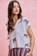 SO ME 4th Of July Ribbon Trimmed Dolman Sweater Top - Desert Sunday