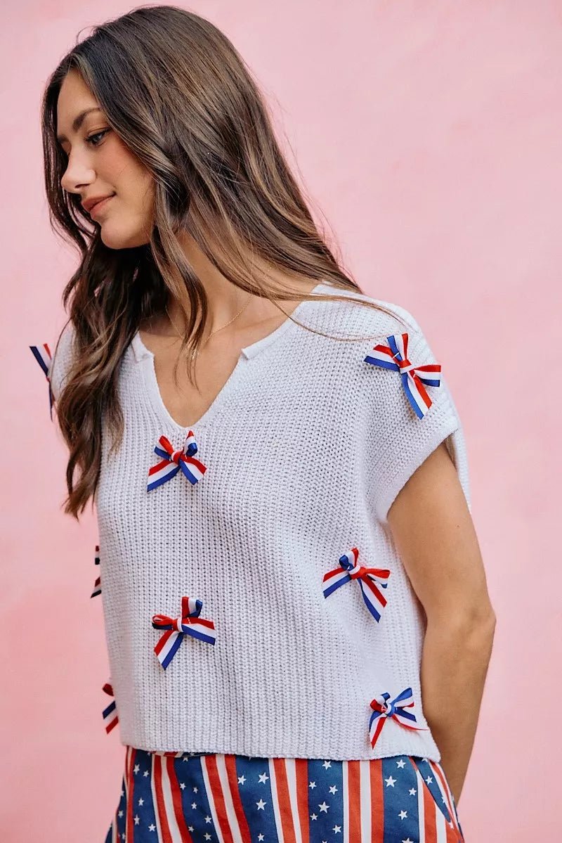 SO ME 4th Of July Ribbon Trimmed Dolman Sweater Top - Desert Sunday
