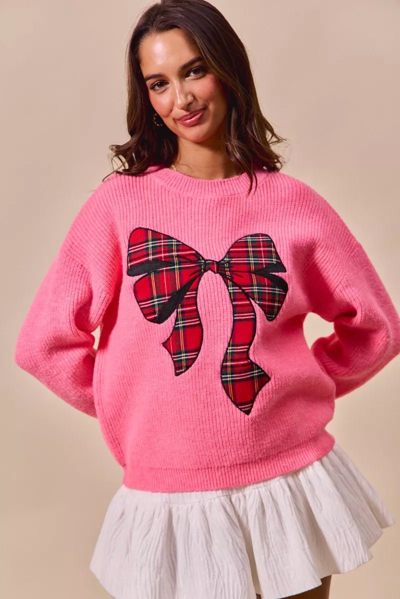 SO ME Checker Plaid Ribbon Christmas Holiday Sweater - Desert Sunday