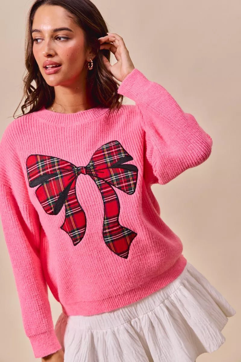 SO ME Checker Plaid Ribbon Christmas Holiday Sweater - Desert Sunday