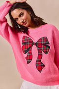 SO ME Checker Plaid Ribbon Christmas Holiday Sweater - Desert Sunday