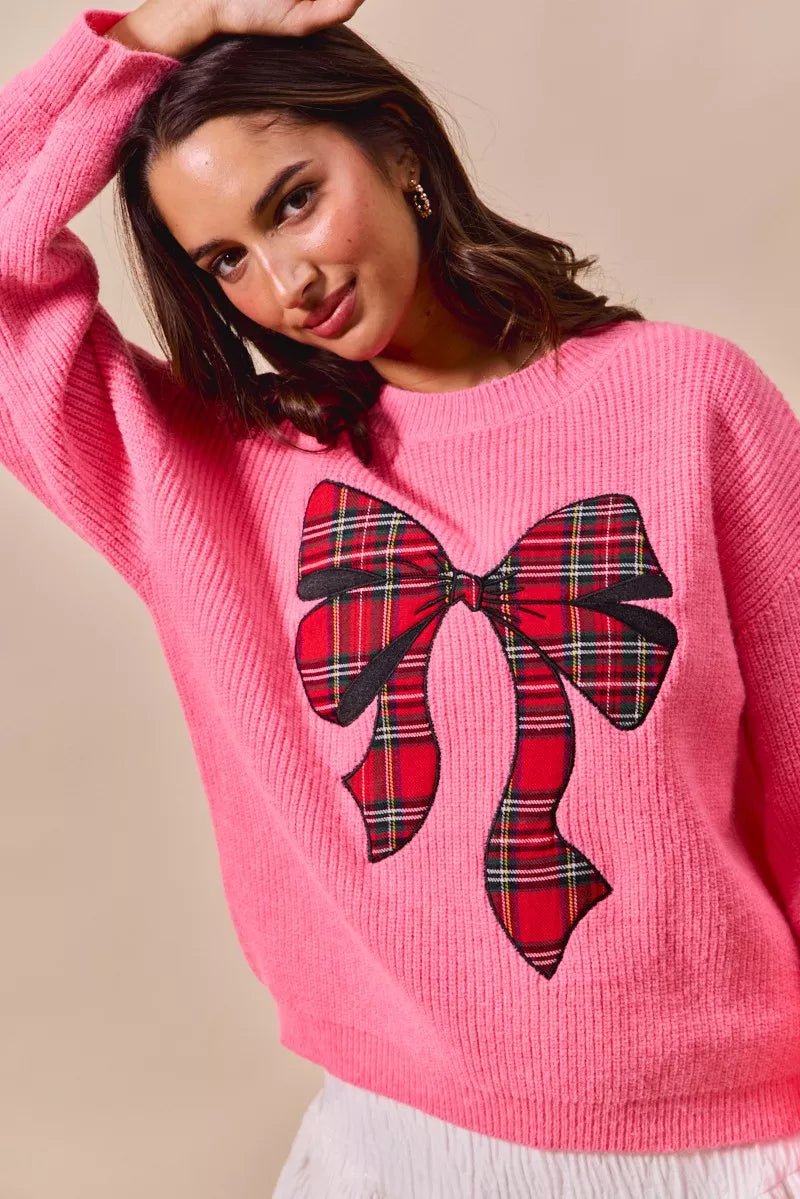 SO ME Checker Plaid Ribbon Christmas Holiday Sweater - Desert Sunday
