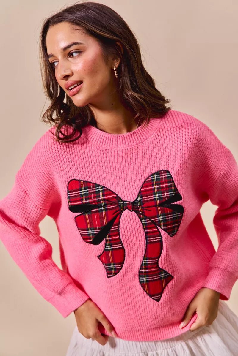SO ME Checker Plaid Ribbon Christmas Holiday Sweater - Desert Sunday