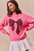 SO ME Checker Plaid Ribbon Christmas Holiday Sweater - Desert Sunday