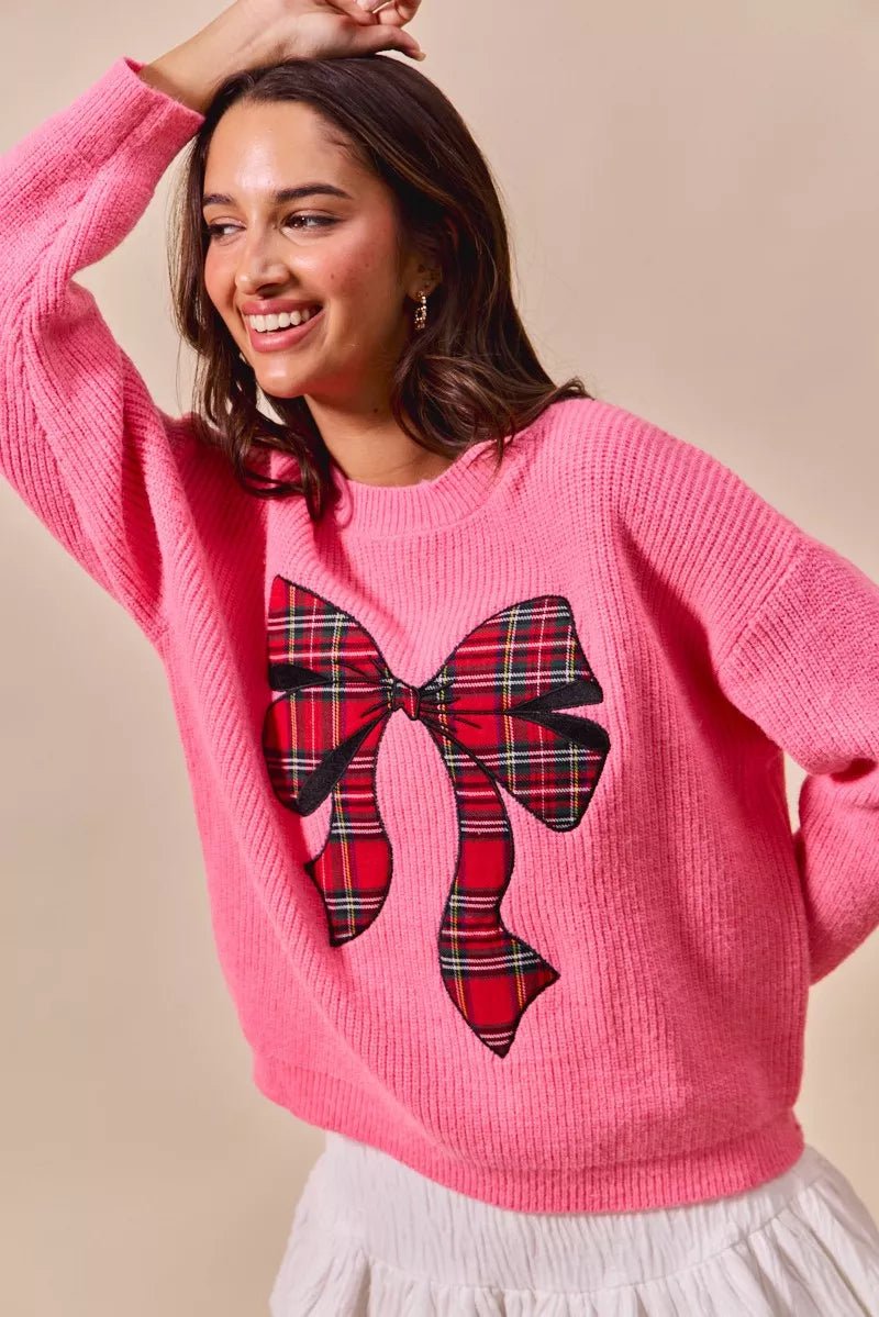 SO ME Checker Plaid Ribbon Christmas Holiday Sweater - Desert Sunday