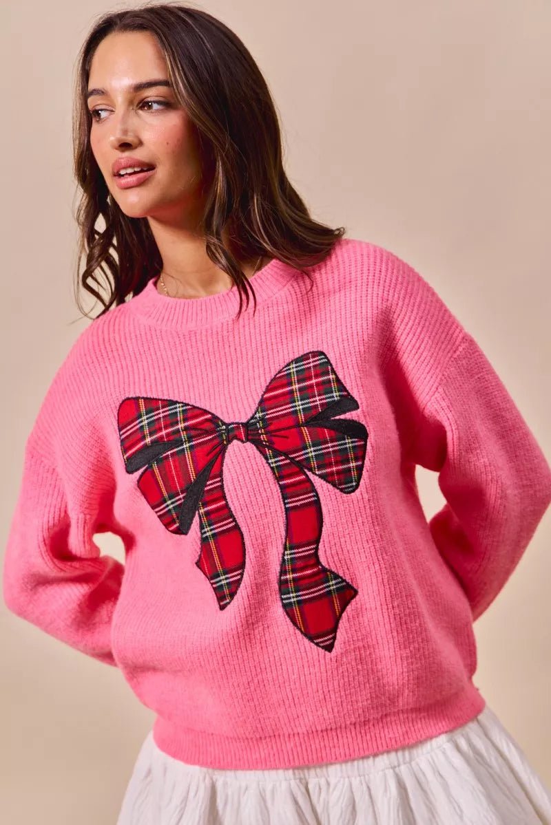 SO ME Checker Plaid Ribbon Christmas Holiday Sweater - Desert Sunday