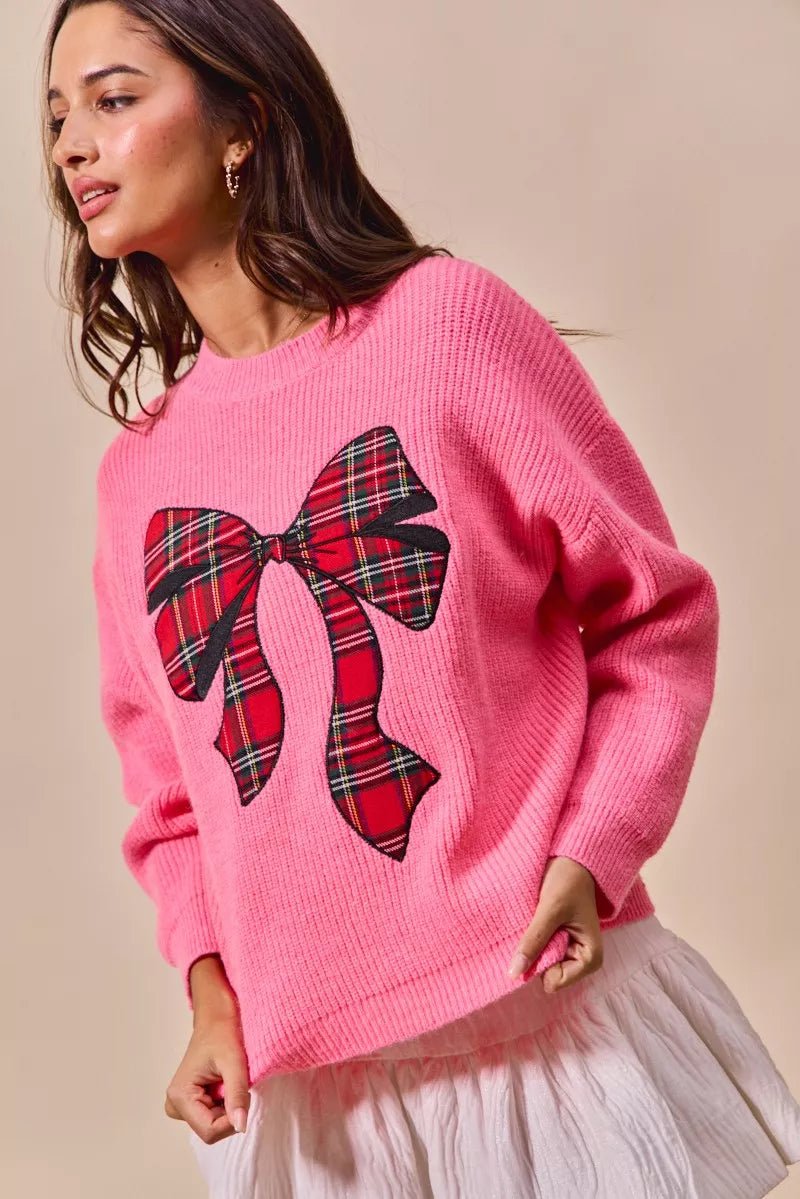 SO ME Checker Plaid Ribbon Christmas Holiday Sweater - Desert Sunday
