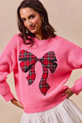 SO ME Checker Plaid Ribbon Christmas Holiday Sweater - Desert Sunday