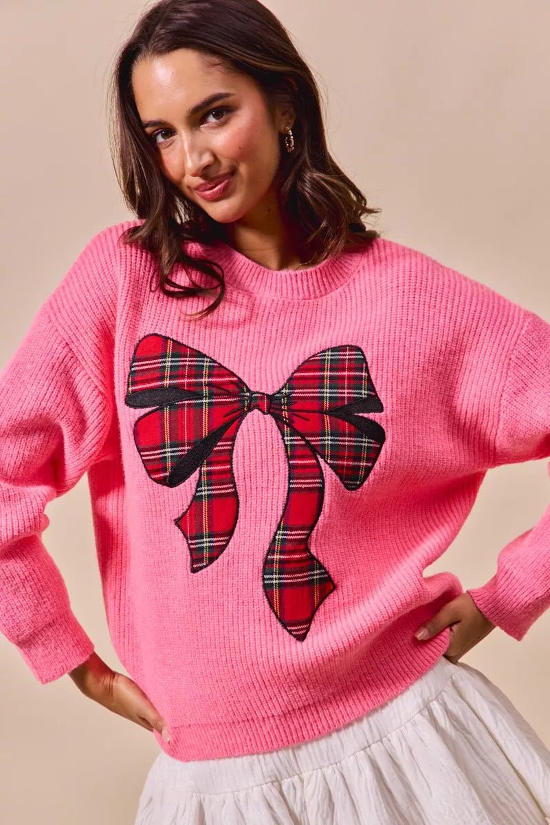 SO ME Checker Plaid Ribbon Christmas Holiday Sweater - Desert Sunday