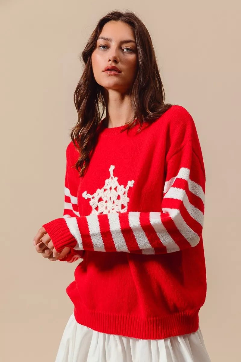 SO ME Christmas Snowflake Crochet Embellished Sweater - Desert Sunday