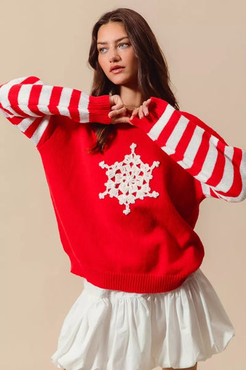 SO ME Christmas Snowflake Crochet Embellished Sweater - Desert Sunday