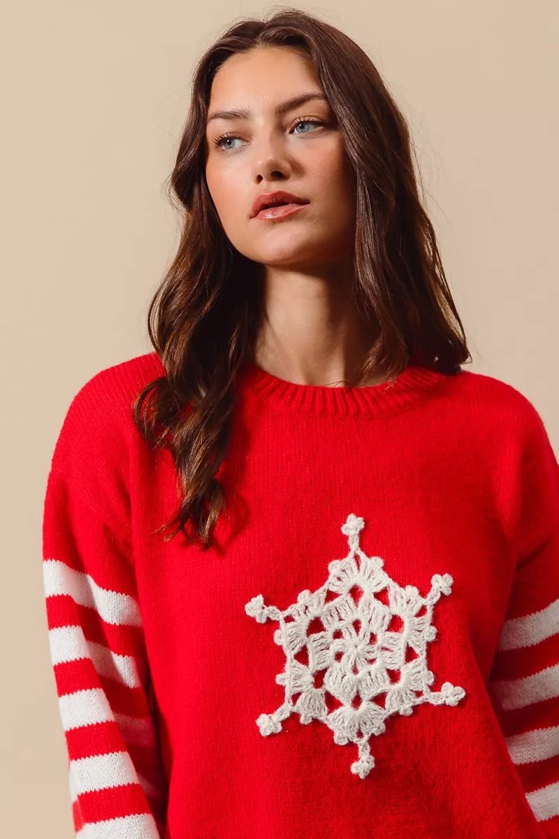 SO ME Christmas Snowflake Crochet Embellished Sweater - Desert Sunday