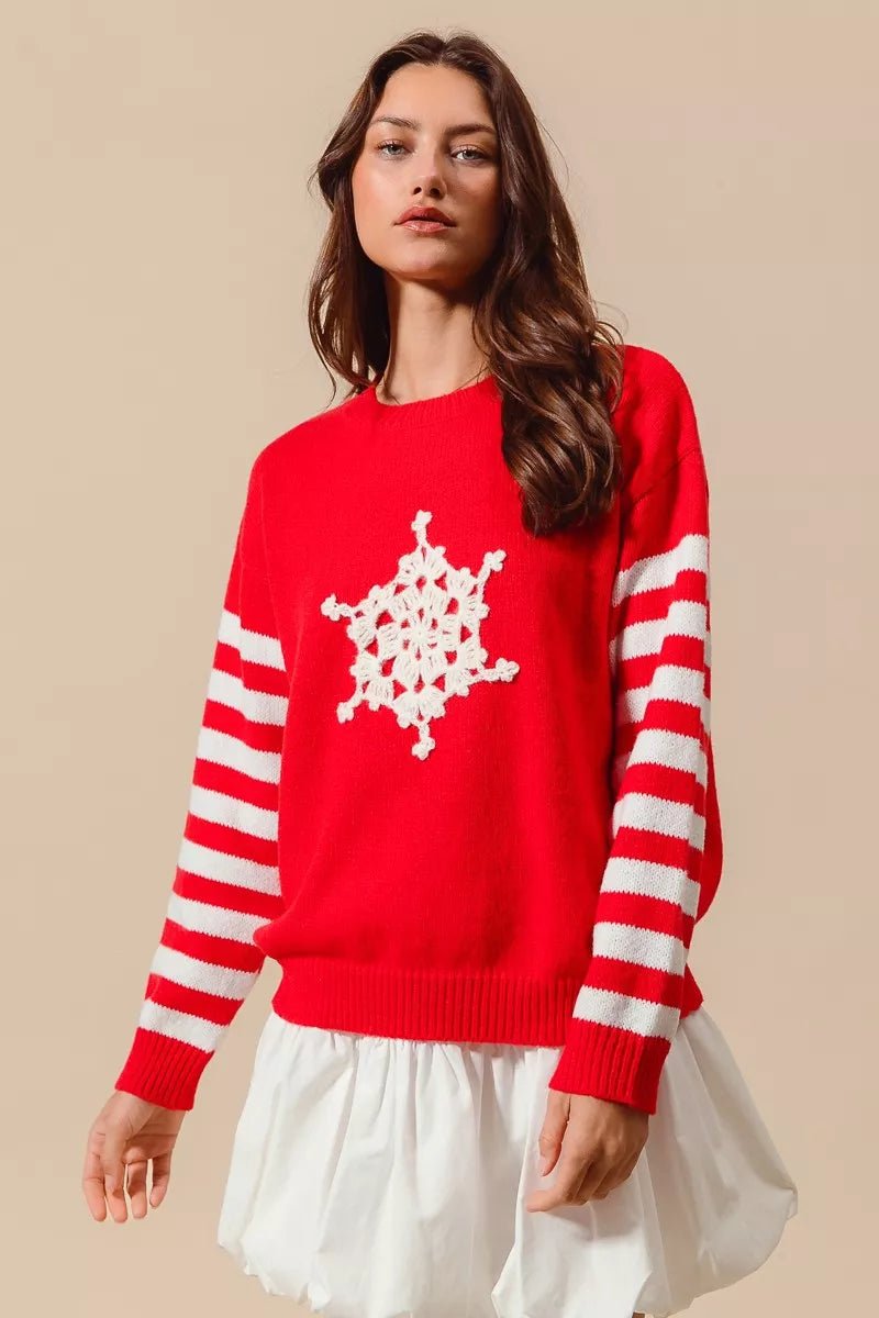 SO ME Christmas Snowflake Crochet Embellished Sweater - Desert Sunday
