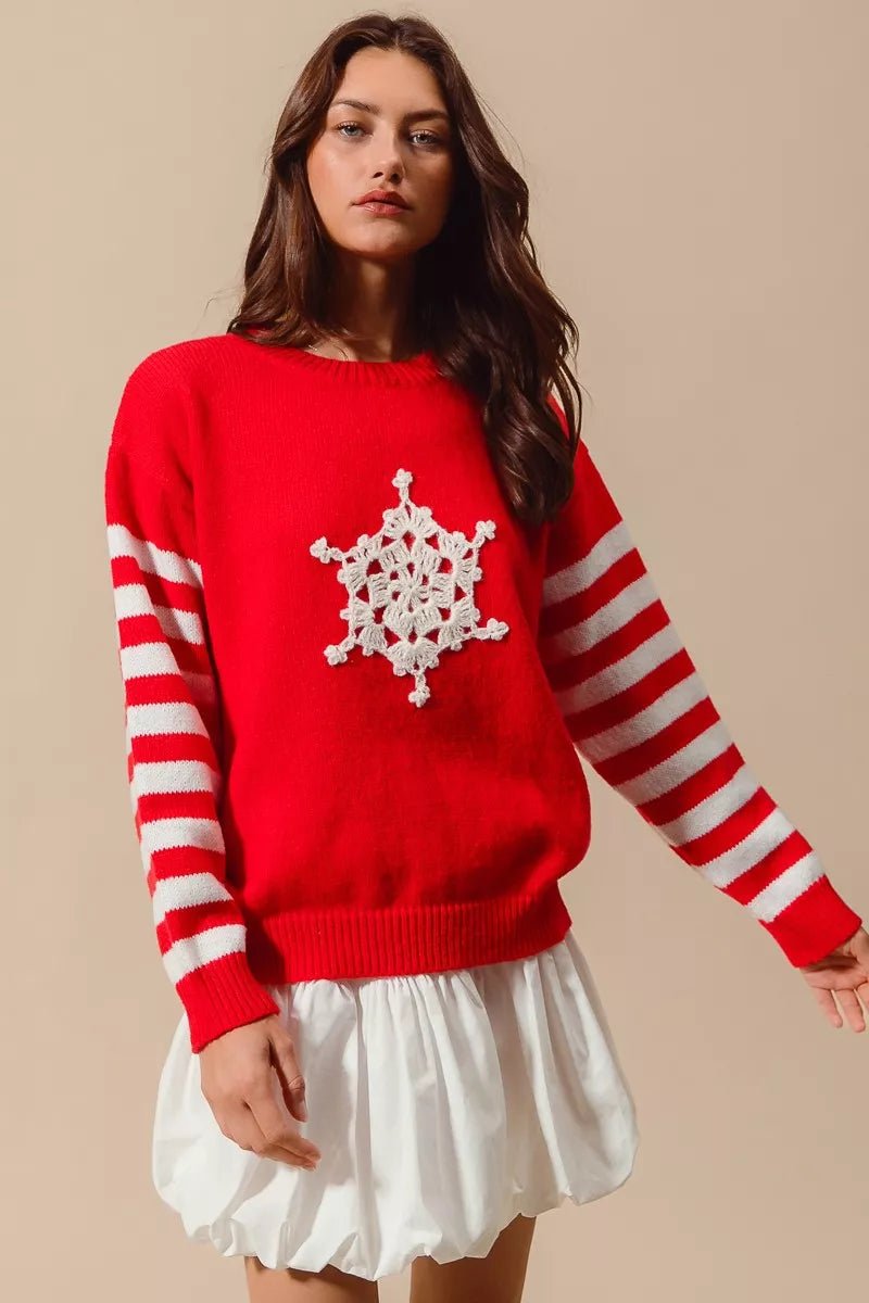 SO ME Christmas Snowflake Crochet Embellished Sweater - Desert Sunday