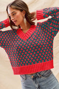 SO ME Color Block Textured Christmas Sweater V Neck Top - Desert Sunday