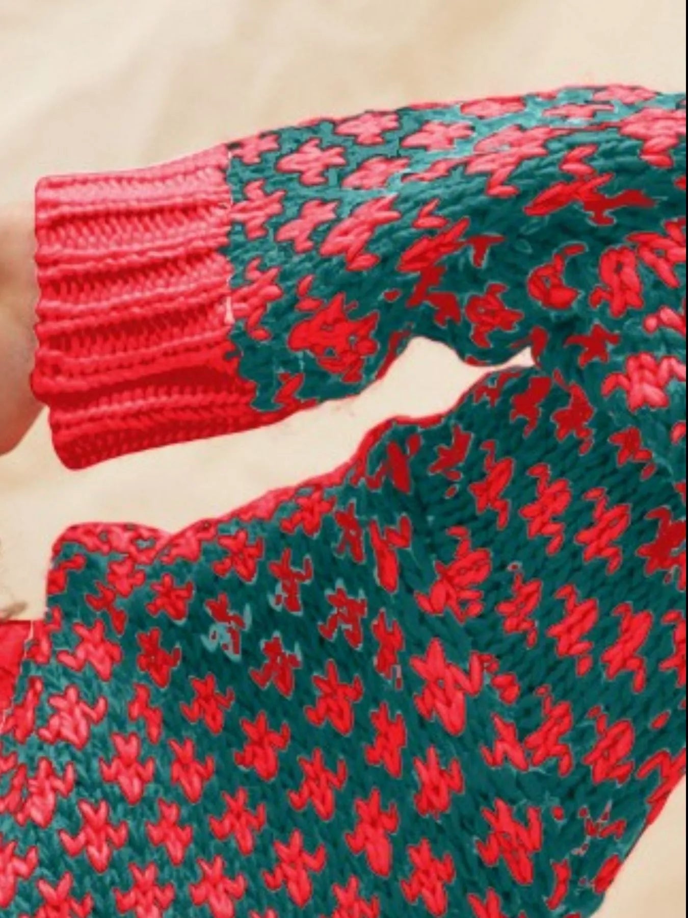 SO ME Color Block Textured Christmas Sweater V Neck Top - Desert Sunday