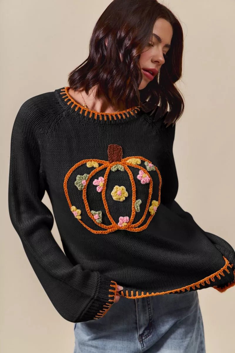 SO ME Pumpkin Floral Embroidered Thanksgiving Sweater - Desert Sunday