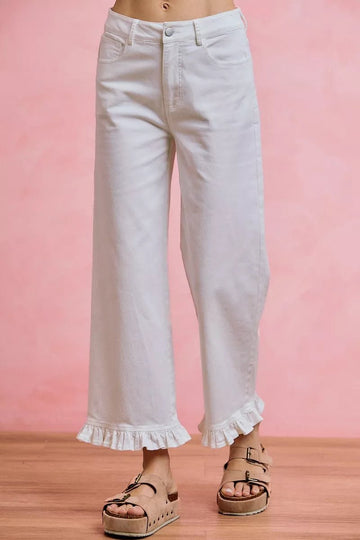 SO ME Ruffled Bottom Detail Mid Rise Jeans - Desert Sunday
