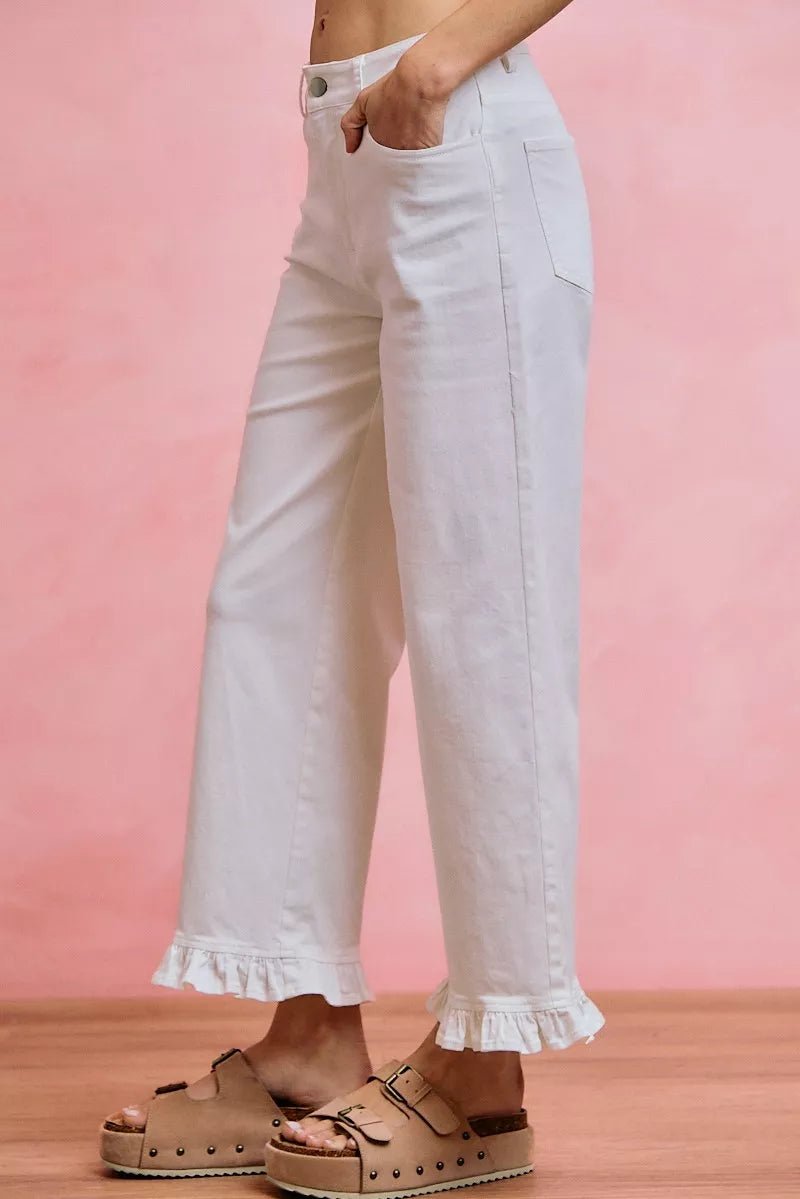 SO ME Ruffled Bottom Detail Mid Rise Jeans - Desert Sunday