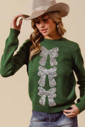 SO ME Sequins Bow Ribbon Embellished Christmas Sweater - Desert Sunday