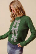 SO ME Sequins Bow Ribbon Embellished Christmas Sweater - Desert Sunday