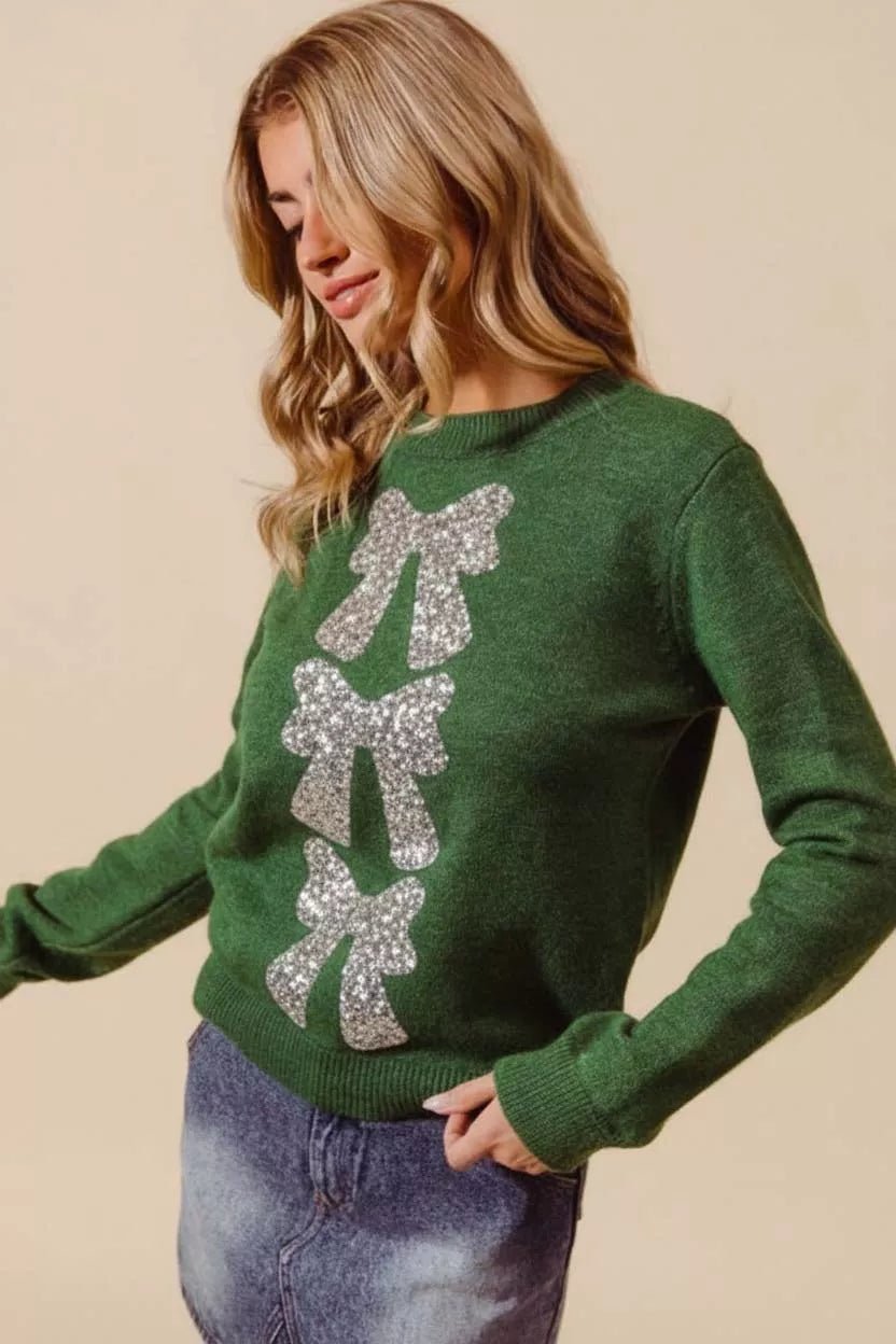 SO ME Sequins Bow Ribbon Embellished Christmas Sweater - Desert Sunday