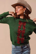 SO ME Sequins Bow Ribbon Embellished Christmas Sweater - Desert Sunday