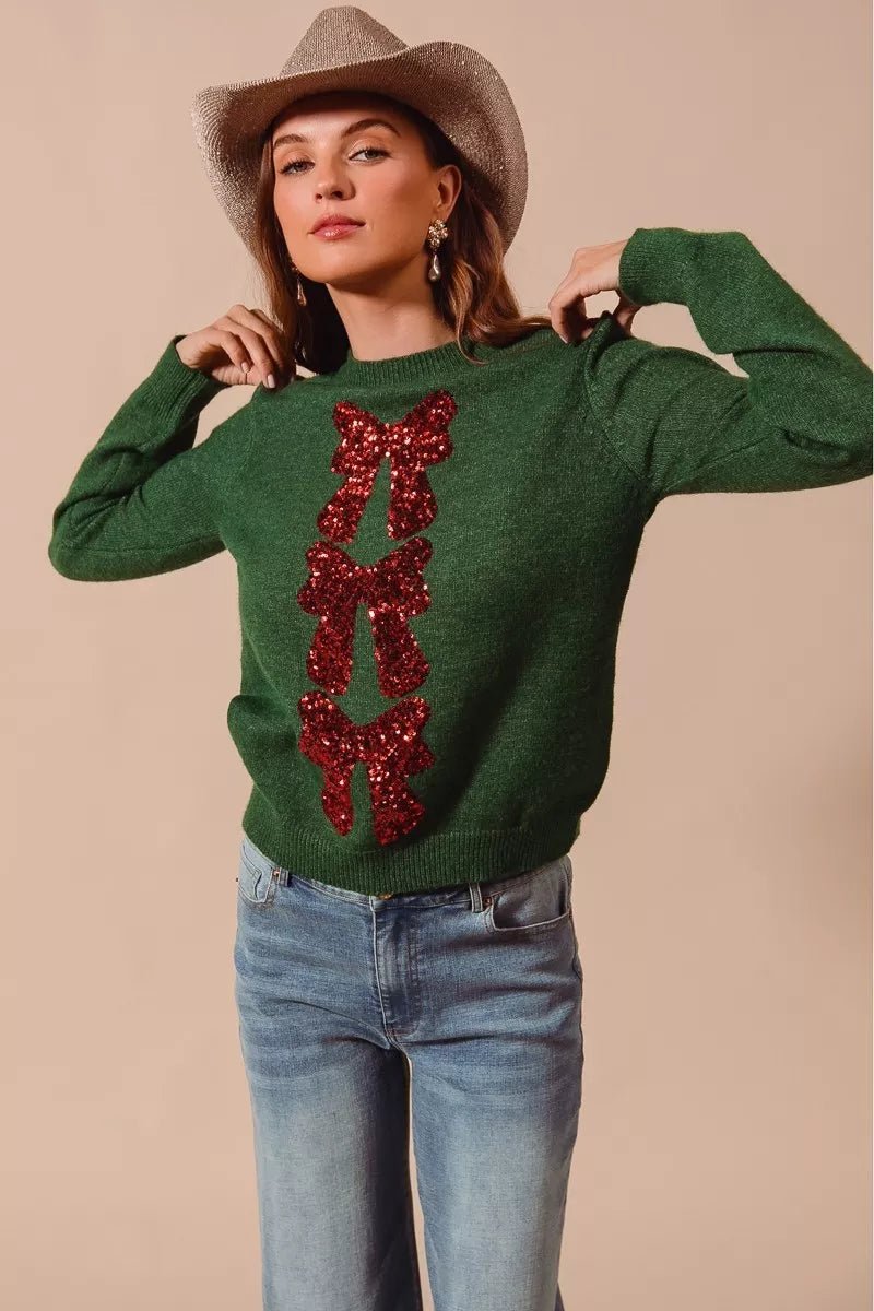 SO ME Sequins Bow Ribbon Embellished Christmas Sweater - Desert Sunday
