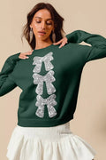 SO ME Sequins Bow Ribbon Embellished Christmas Sweater - Desert Sunday