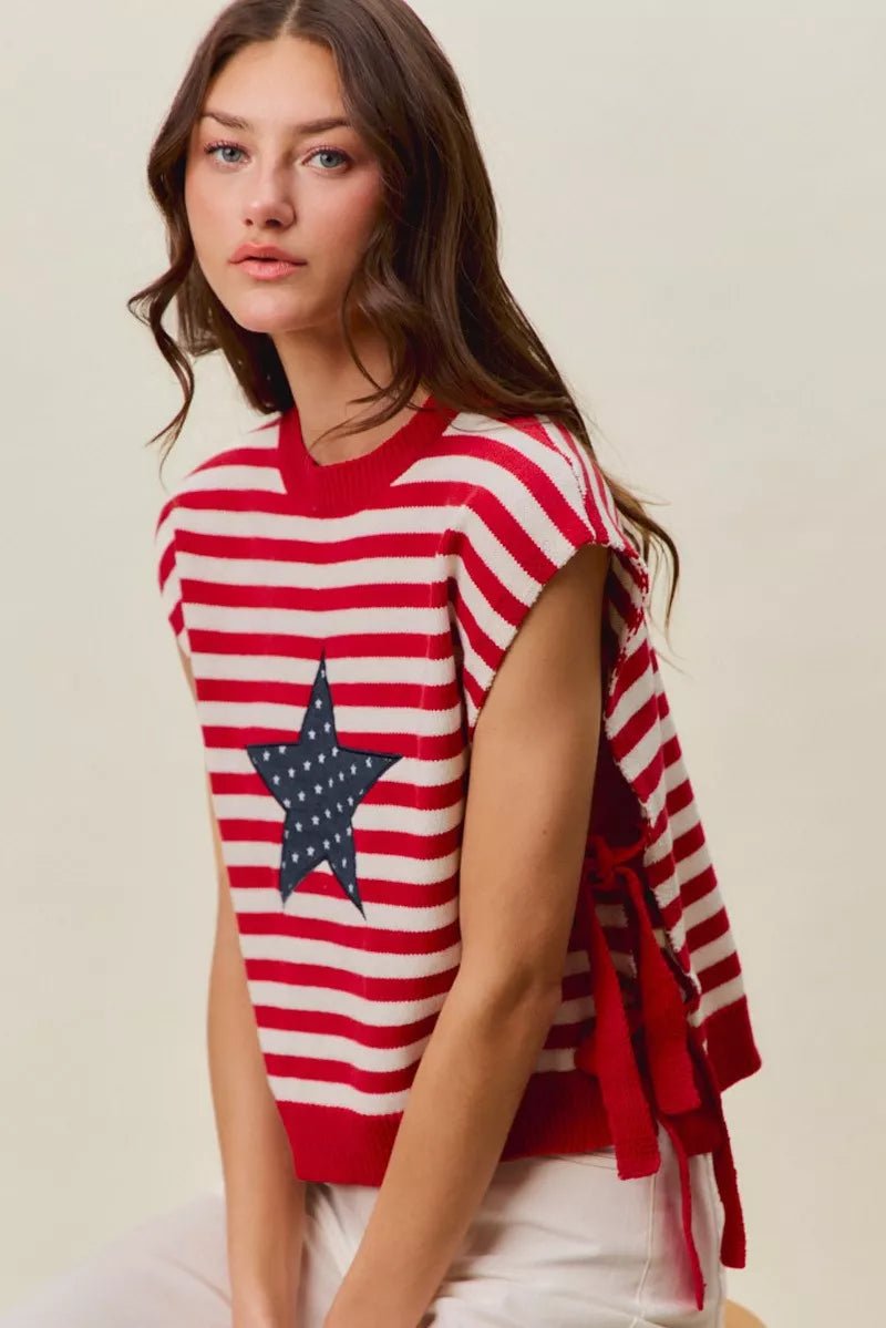 SO ME Stripe Star Patch 4th Of July Side Tie Vest Top - Desert Sunday